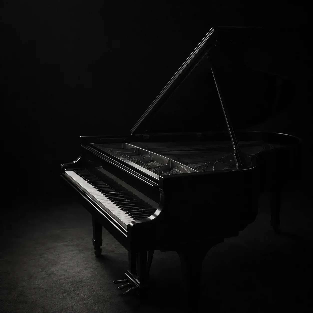 A grand piano in the shadows, in black and white